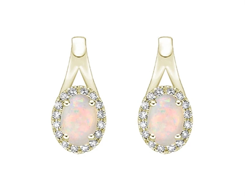 10K Yellow Gold 6x4mm Oval Cut White Opal and 0.11cttw Diamond Halo Earrings with Leverbacks