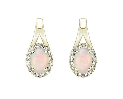 10K Yellow Gold 6x4mm Oval Cut White Opal and 0.11cttw Diamond Halo Earrings with Leverbacks