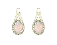 10K Yellow Gold 6x4mm Oval Cut White Opal and 0.11cttw Diamond Halo Earrings with Leverbacks