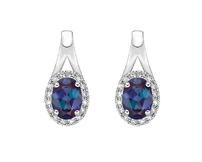 10K Gold 6x4mm Oval Cut Created Alexandrite and 0.11cttw Diamond Halo Earrings with Leverbacks