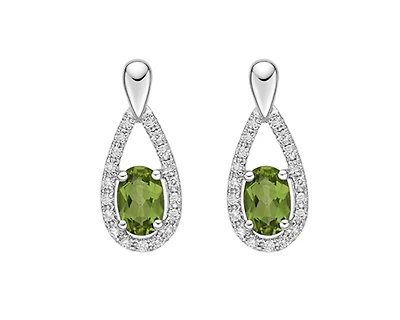 10K White Gold 6x4mm Oval Cut Peridot and 0.14cttw Diamond Halo Dangle Earrings with Butterfly Backings