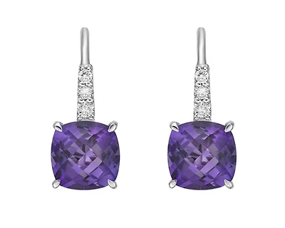 10K White Gold 2.35cttw Amethyst and 0.065cttw Diamond Drop Earrings with Lever Backs