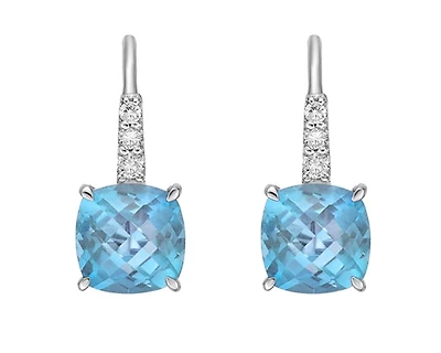10K White Gold 6mm Checkerboard Cushion Cut Swiss Blue Topaz and 0.065cttw Diamond Dangle Earrings