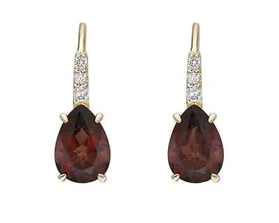 10K Yellow Gold 7x5mm Pear Cut Garnet and 0.065cttw Diamond Dangle Earrings with Leverbacks