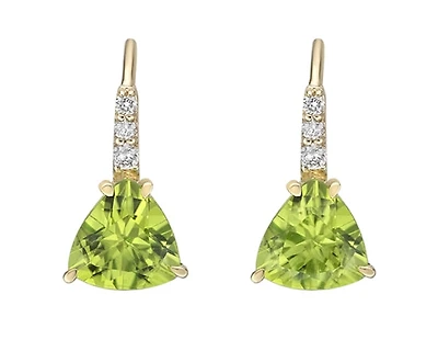 10K Yellow Gold 6mm Trillion Cut Peridot and 0.065cttw Diamond Dangle Earrings with Leverbacks
