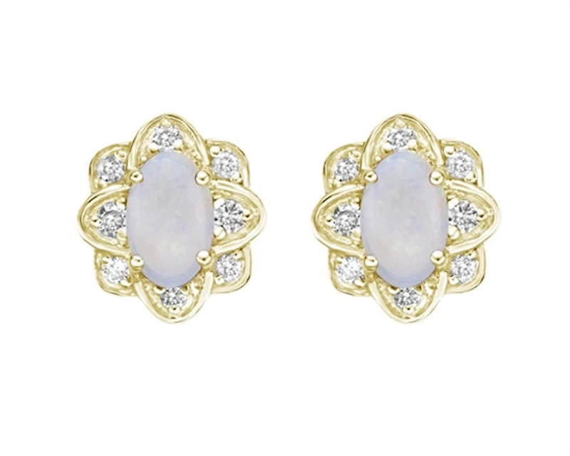 10K Yellow Gold 5x3mm Oval Cut White Opal and 0.08cttw Diamond Halo Stud Earrings with Butterfly Backings