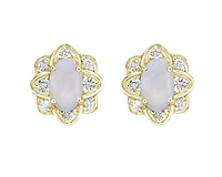 10K Yellow Gold 5x3mm Oval Cut White Opal and 0.08cttw Diamond Halo Stud Earrings with Butterfly Backings