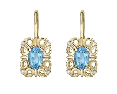 10K Yellow Gold 6x4mm Oval Cut Swiss Blue Topaz and 0.045cttw Diamond Dangle Earrings
