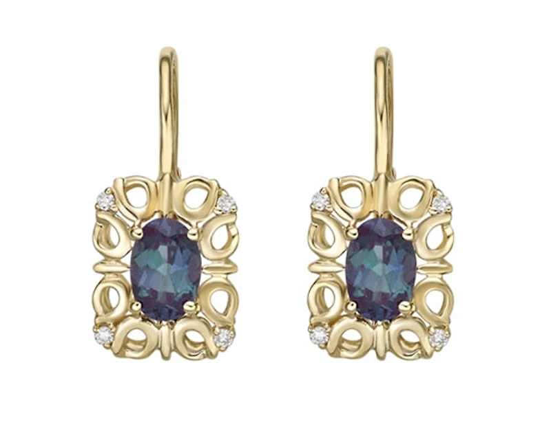 10K Gold 6x4mm Oval Cut Created Alexandrite and 0.045cttw Diamond Dangle Earrings with Euro Backs