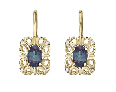 10K Gold 6x4mm Oval Cut Created Alexandrite and 0.045cttw Diamond Dangle Earrings with Euro Backs