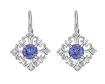 10K White Gold 4mm Round Cut Tanzanite and 0.10cttw Diamond Earrings with Leverbacks
