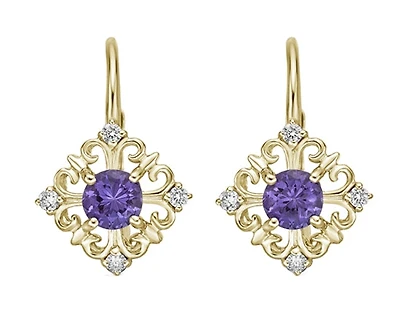 10K Yellow Gold 0.50cttw Amethyst and 0.10cttw Diamond Dangle Earrings