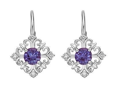 10K Gold 4mm Round Cut Created Alexandrite and 0.10cttw Diamond Dangle Earrings with Leverbacks
