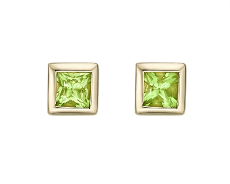 10K Yellow Gold 3mm Princess Cut Bezel Set Peridot Earrings