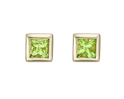 10K Yellow Gold 3mm Princess Cut Bezel Set Peridot Earrings