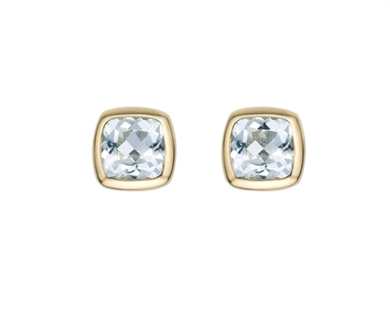 10K Yellow Gold 4.0mm Cushion Cut Aquamarine Bezel Set Stud Earrings