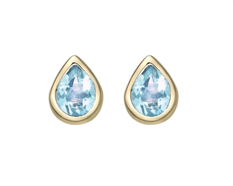 10K Yellow Gold 4x3mm Blue Topaz Pear Cut Bezel Set Earrings