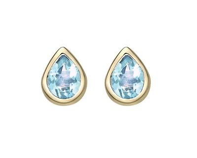 10K Yellow Gold 4x3mm Blue Topaz Pear Cut Bezel Set Earrings