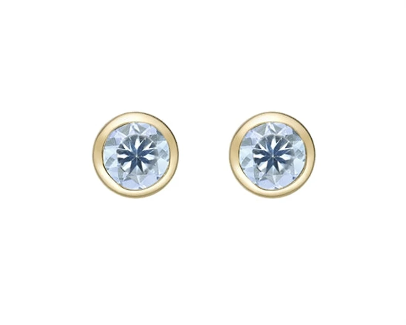 10K Yellow Gold 4.0mm Round Cut Aquamarine Bezel Set Stud Earrings