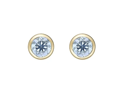 10K Yellow Gold 4.0mm Round Cut Aquamarine Bezel Set Stud Earrings