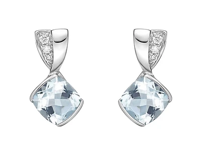 10K White Gold 6.0mm Cushion Cut  Aquamarine and 0.051cttw Diamond Dangle Earrings