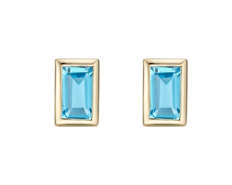 10K Yellow Gold 4x2mm Baguette Cut Swiss Blue Topaz Bezel Set Earrings