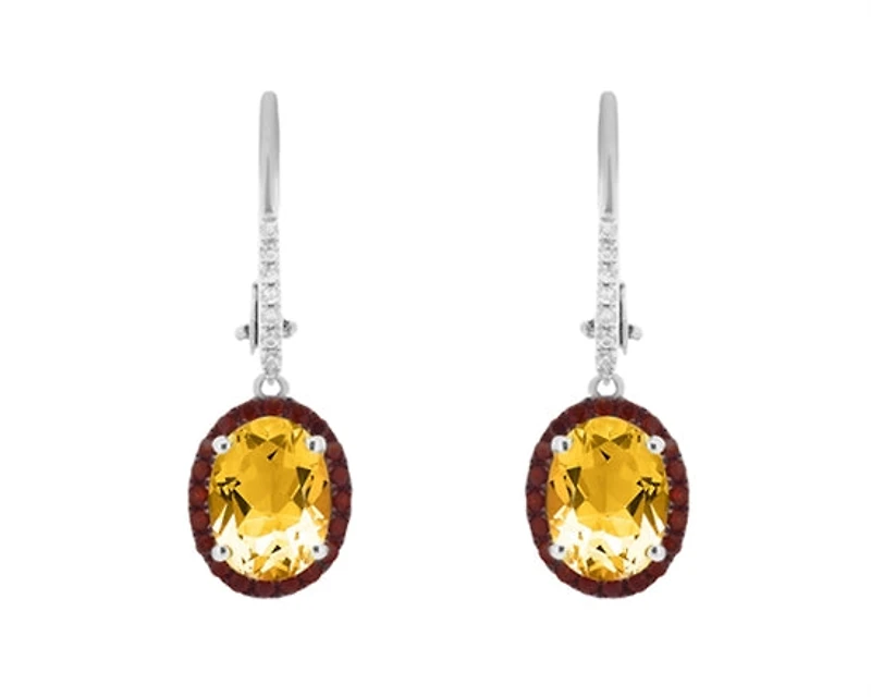 10K White Gold Oval Cut Citrine and 0.06cttw Diamond Dangle Earrings