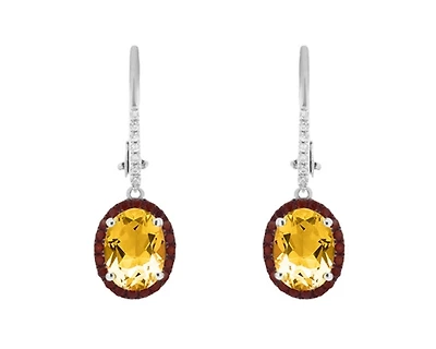 10K White Gold Oval Cut Citrine and 0.06cttw Diamond Dangle Earrings