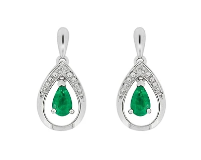 10K White Gold 5x3mm Pear Cut Emerald and 0.01cttw Diamond Dangle Earrings with Butterfly Backings
