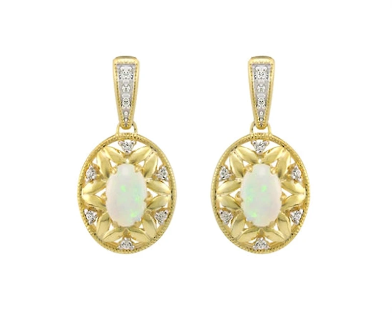 10K Yellow Gold 6x4mm Oval Cut Opal and 0.09cttw Diamond Dangle Earrings with Butterfly Backings