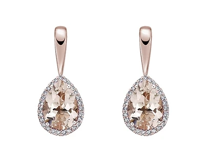 10K Rose Gold 6x4mm Pear Cut Morganite and Diamond Halo Dangle Earrings with Butterfly Backings