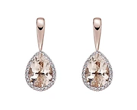 10K Rose Gold 6x4mm Pear Cut Morganite and Diamond Halo Dangle Earrings with Butterfly Backings