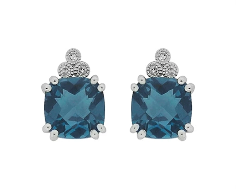 10K White Gold 6mm Cushion Cut London Blue Topaz and 0.03cttw Diamond Earrings