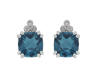 10K White Gold 6mm Cushion Cut London Blue Topaz and 0.03cttw Diamond Earrings