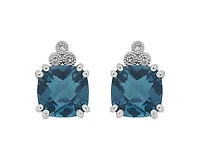 10K White Gold 6mm Cushion Cut London Blue Topaz and 0.03cttw Diamond Earrings