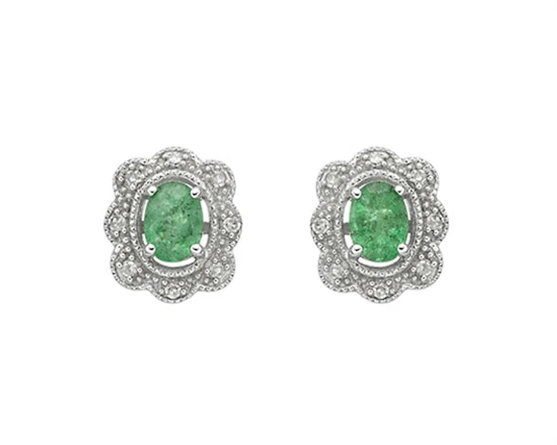 10K White Gold 4x3mm Oval Cut Emerald and 0.053cttw Diamond Scallop Halo Stud Earrings with Butterfly Backings