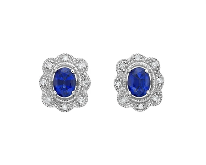 10K White Gold 4x3mm Oval Cut Sapphire and 0.053cttw Diamond Scallop Halo Stud Earrings with Butterfly Backings