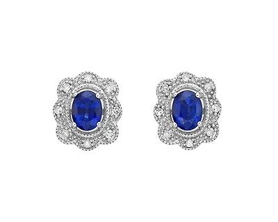 10K White Gold 4x3mm Oval Cut Sapphire and 0.053cttw Diamond Scallop Halo Stud Earrings with Butterfly Backings