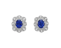 10K White Gold 4x3mm Oval Cut Sapphire and 0.053cttw Diamond Scallop Halo Stud Earrings with Butterfly Backings