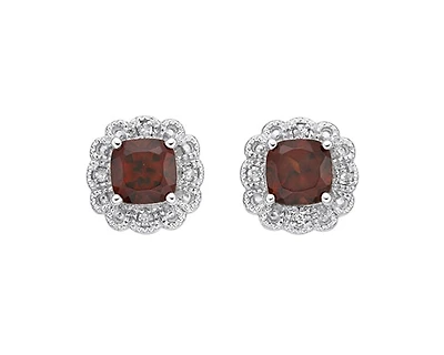 10K White Gold 4mm Cushion Cut Garnet and 0.026cttw Diamond Scallop Halo Stud Earrings with Butterfly Backings
