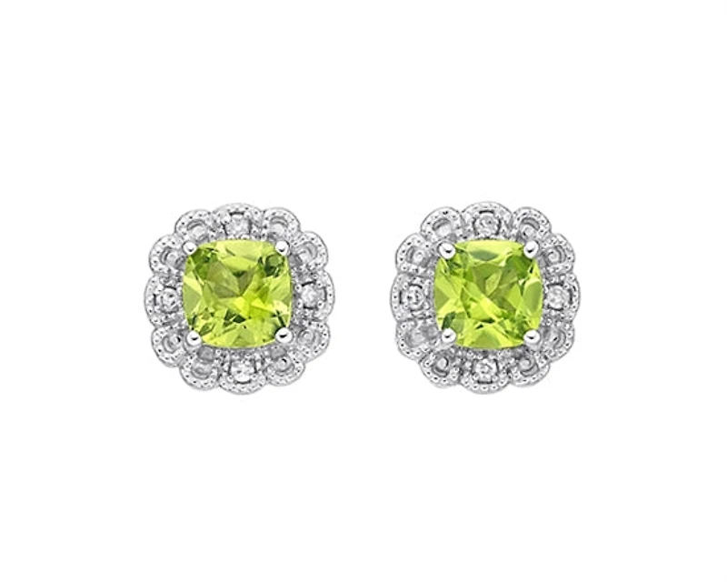 10K White Gold 4mm Cushion Cut Peridot and 0.026cttw Diamond Halo Stud Earrings with Butterfly Backings