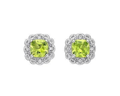 10K White Gold 4mm Cushion Cut Peridot and 0.026cttw Diamond Halo Stud Earrings with Butterfly Backings
