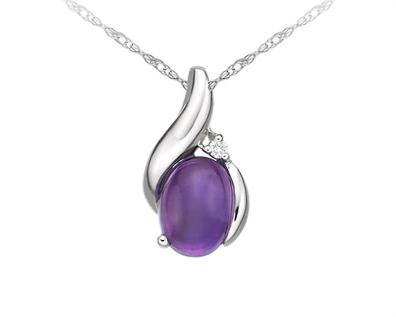 10K White Gold Cabochon Cut Amethyst & Diamond Pendant, 18"