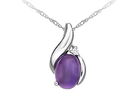 10K White Gold Cabochon Cut Amethyst & Diamond Pendant, 18"