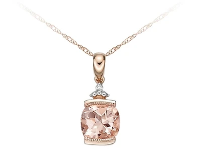 10K Rose Gold 6mm Cushion Cut Morganite and 0.01cttw Diamond Pendant, 18"