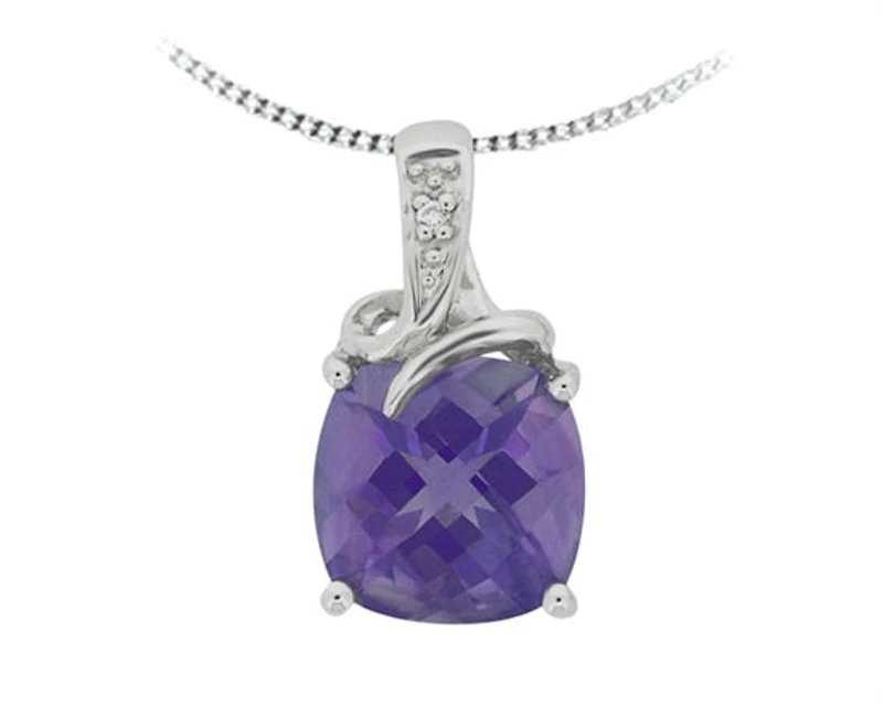 10K White Gold Amethyst & Diamond Pendant, 18"