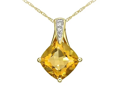Yellow Gold 8mm Cushion Cut Citrine and 0.021cttw Diamond Pendant - 18 Inches