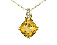 Yellow Gold 8mm Cushion Cut Citrine and 0.021cttw Diamond Pendant - 18 Inches