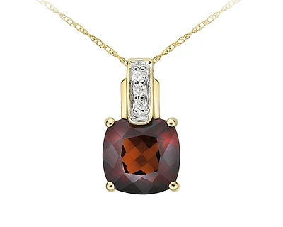 10K Yellow Gold 7mm Cushion Cut Garnet and 0.026cttw Diamond Pendant - 18 Inches