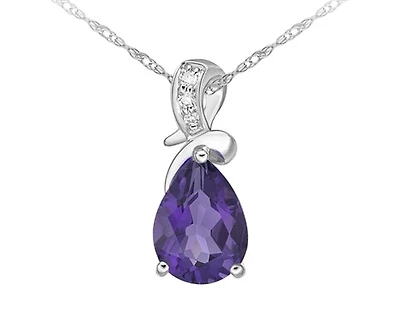 10K White Gold 8x5mm Pear Cut Amethyst & 0.022cttw Diamond Pendant, 18"